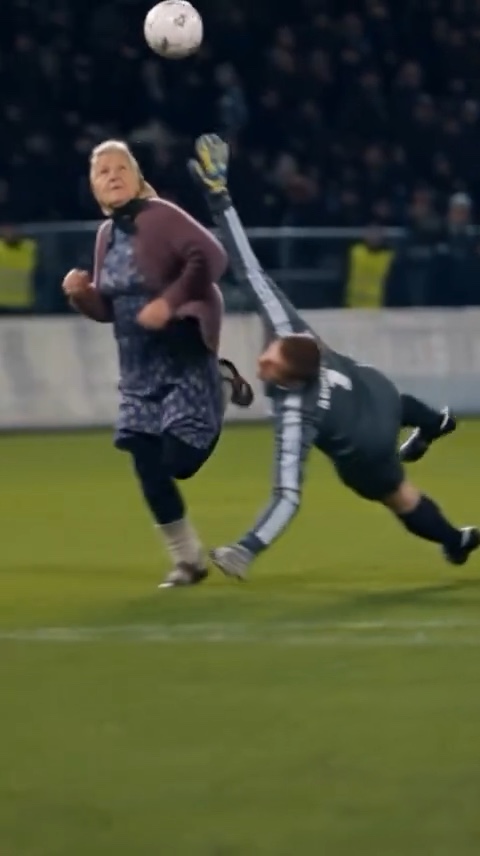 At three seconds, the ball is overhead and a goalkeeper is airborne beside the scorer