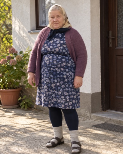 AI-reconstructed reference portrait of Grandmother · purple cardigan